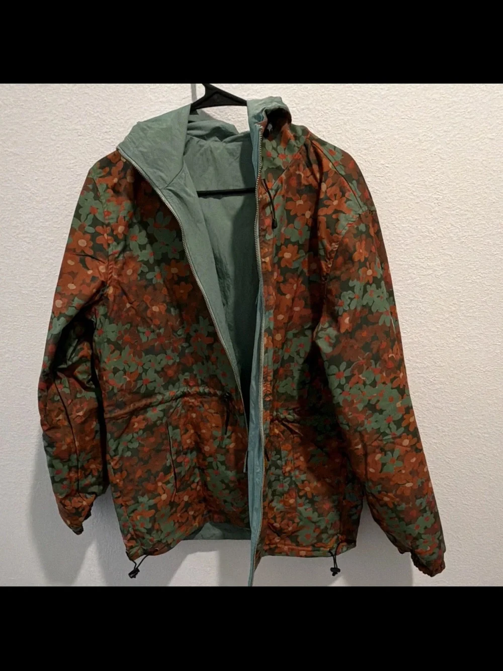 Round Two Green Hooded Jacket with Orange Floral Lining Size Medium Unisex